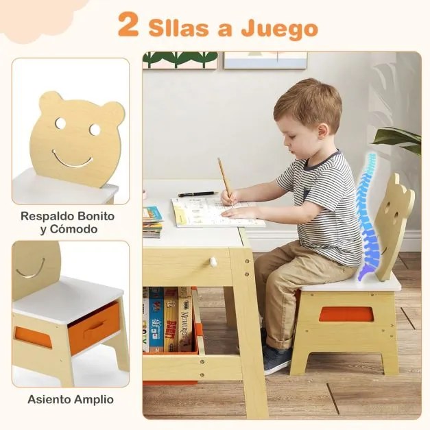 Conjunto de Mesa e 2 cadeiras infantil Secretária 5 em 1 com superfície reversível Quadro branco e preto 4 ganchos Compartimentos Natural
