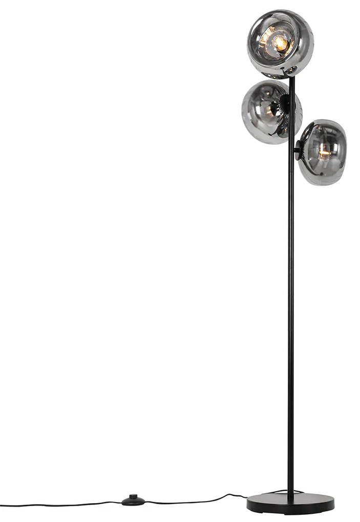 Candeeiro de pé Art Deco preto com vidro fumê 3-luzes - Ayesha