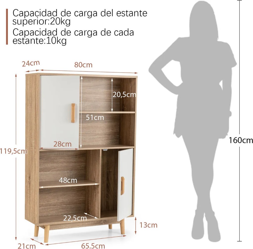 Aparador/Estante "ALVA" com 4 Níveis, 2 Portas e 4 Prateleiras – Branc