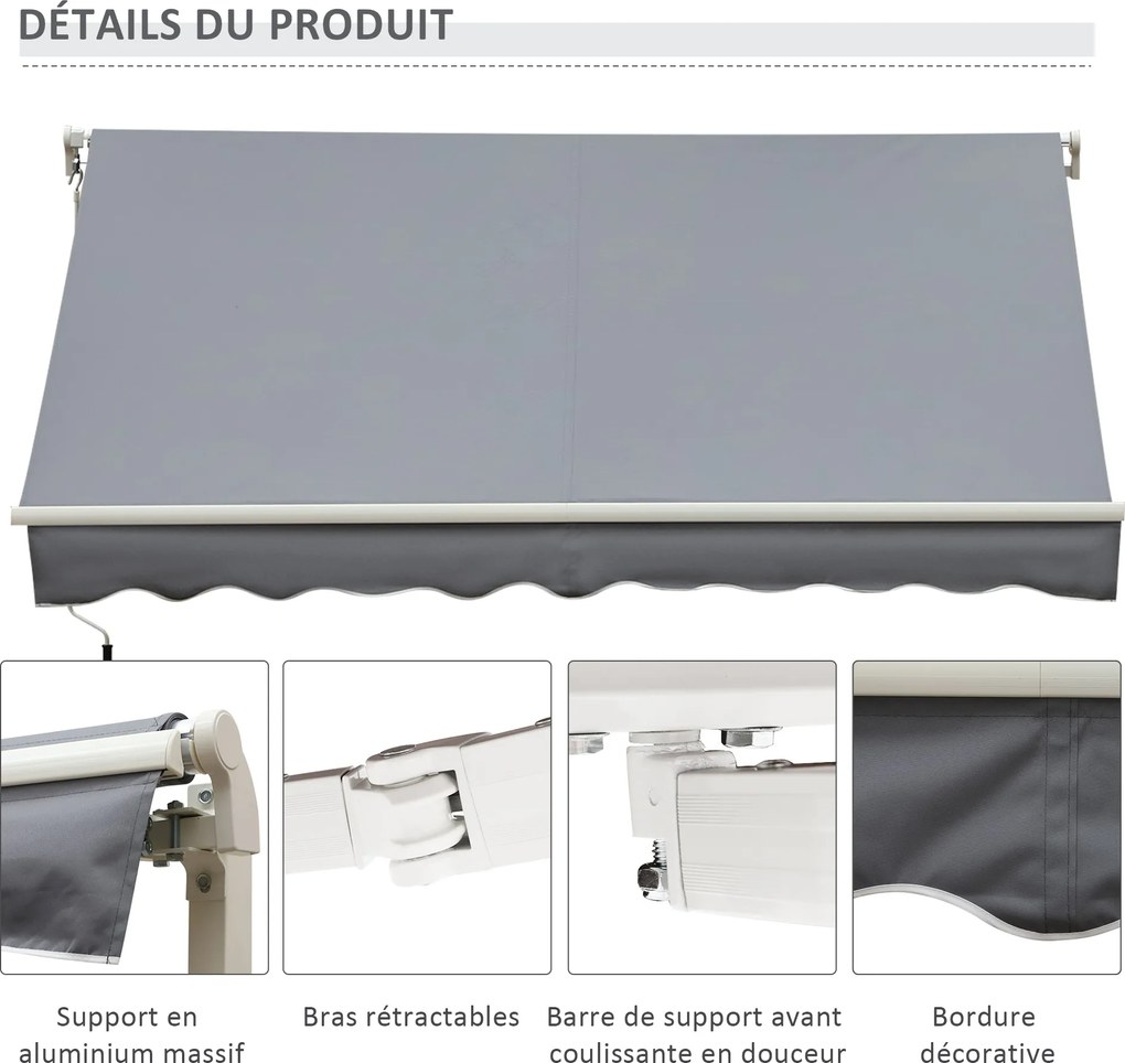 Toldo Retrátil 395x245 cm Toldo Exterior Terraço Manivela Ângulo Ajustável Alumínio e Poliéster 280 g/㎡ Proteção UV Cinza