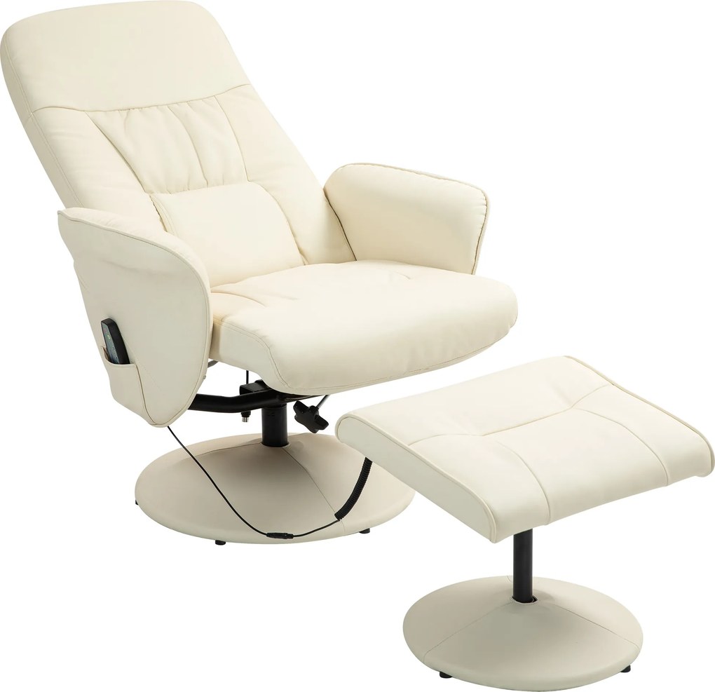 HOMCOM Poltrona de massagem com pufe, cadeira ergonômica com 10 pontos de vibração, couro sintético, 76 x 81 x 105 cm, creme branco | Aosom Portugal