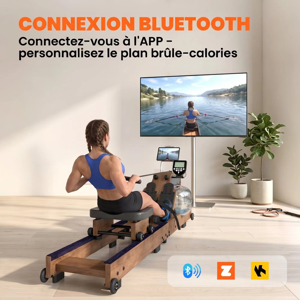 Máquina de Remo de Água Dobrável para Apartamento, 182 x 42 x 67 cm, Ligação Bluetooth, cor Carvalho