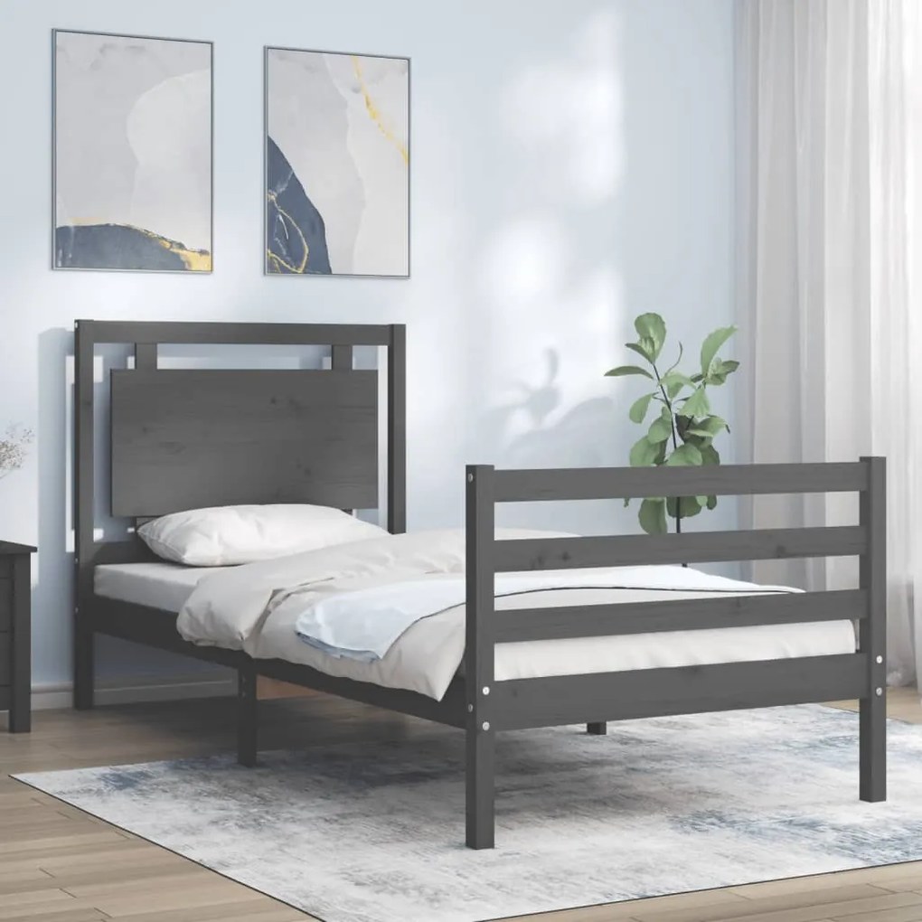 vidaXL Estrutura de cama com cabeceira 90x200 cm madeira maciça cinza