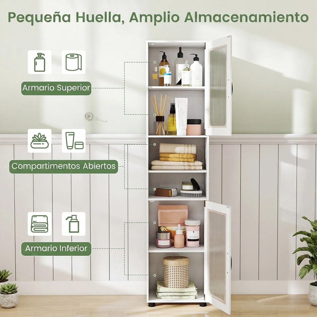Armário alto e estreito de casa de banho 40 x 30 x 170 cm com 2 portas semitransparentes, 2 compartimentos e prateleira ajustável para cozinha e sala,