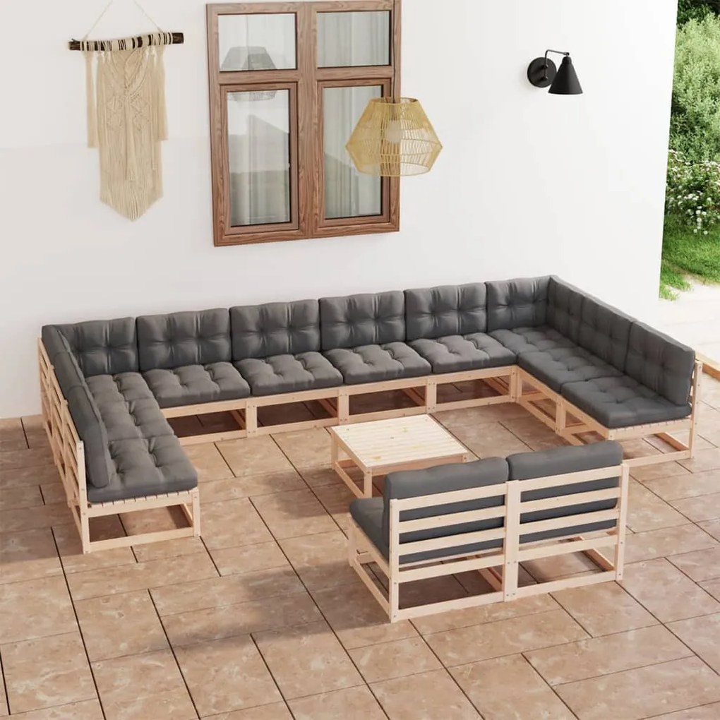 13 pcs conjunto lounge de jardim com almofadões pinho maciço