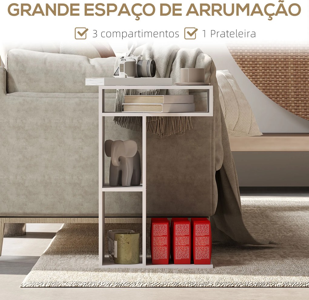 Mesa Auxiliar em Forma de C Mesa Auxiliar para Sofá com Rodas Compartimentos Abertos 40x30x69 cm Branco