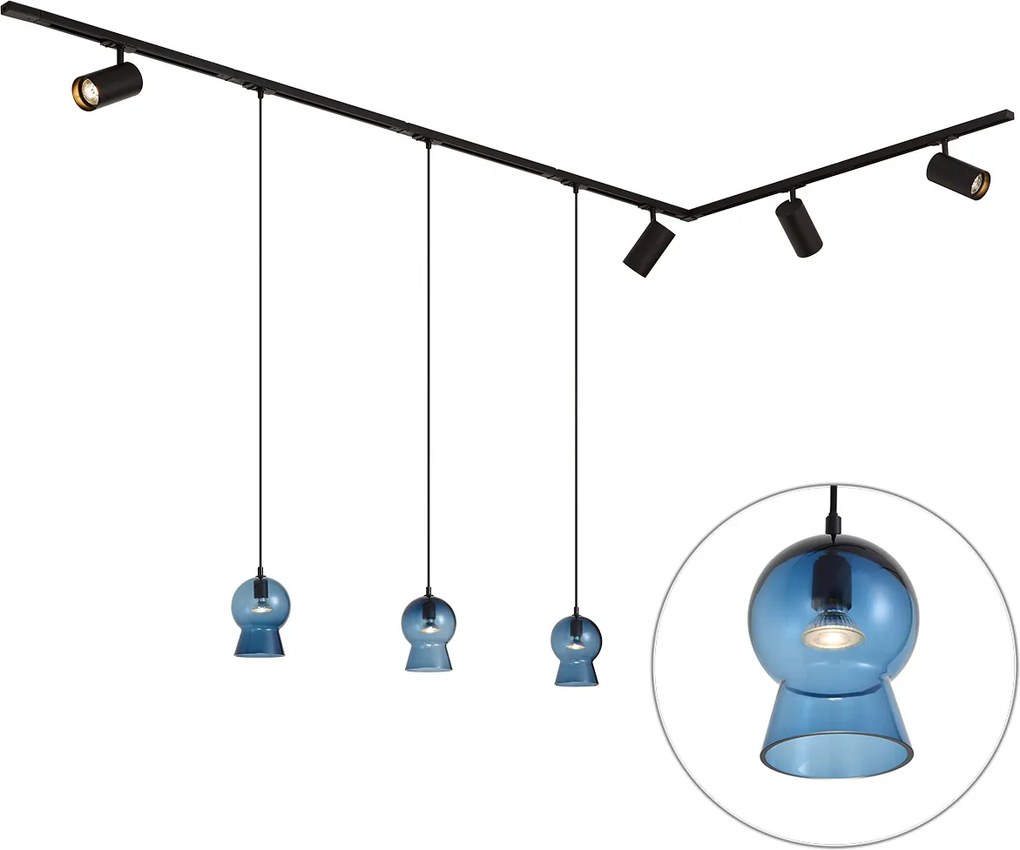 Modern Black Track System with 4 Spotlights and 3 Blue Pendant Lights 1-Phase - Iconic Bell Jeana Luxe