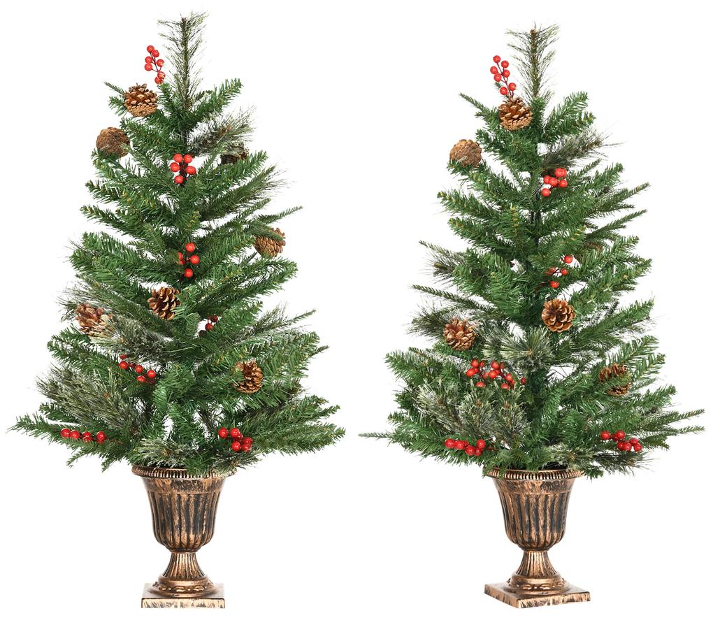 HOMCOM Conjunto de 2 Árvores de Natal Artificial 90cm com Vaso Ignífugo com 110 Ramos 70 Bagas 8 Pinhas e Folhas de PVC Verde | Aosom Portugal