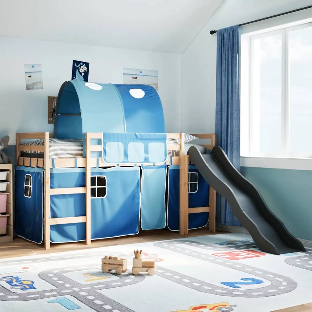 vidaXL Cama alta para criança com túnel 90x200 cm pinho maciço azul