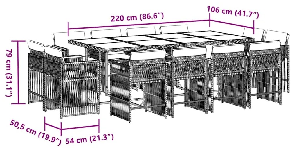 13 pcs conjunto de jantar p/jardim com almofadões vime PE preto