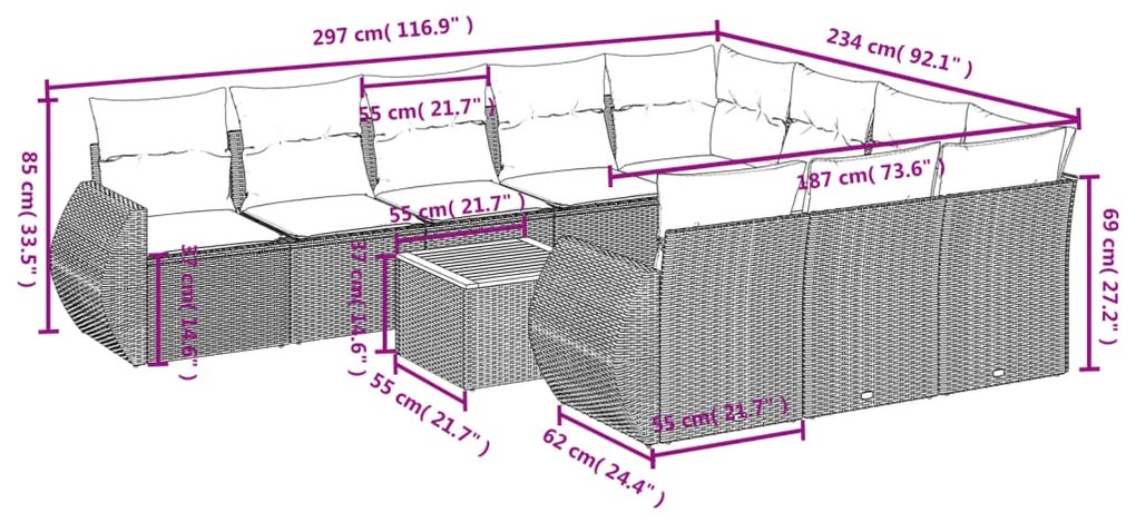 11 pcs conjunto sofás de jardim c/ almofadões vime PE bege