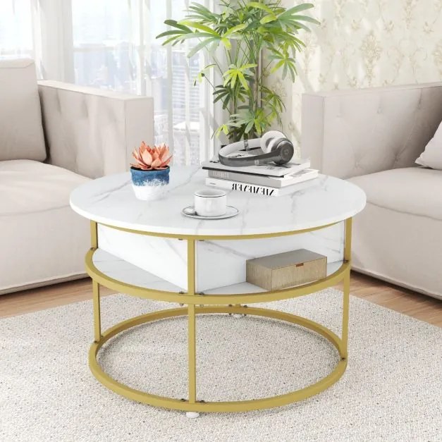 Mesa de Centro Elevável Redonda de 80 cm com Compartimento Oculto e Estantes Laterais Branco e dourado