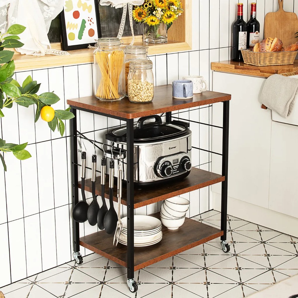 Carrinho de cozinha 60 x 40 x 73,5 cm com rodas bloqueáveis Ganchos removíveis Estante para micro-ondas Castanho