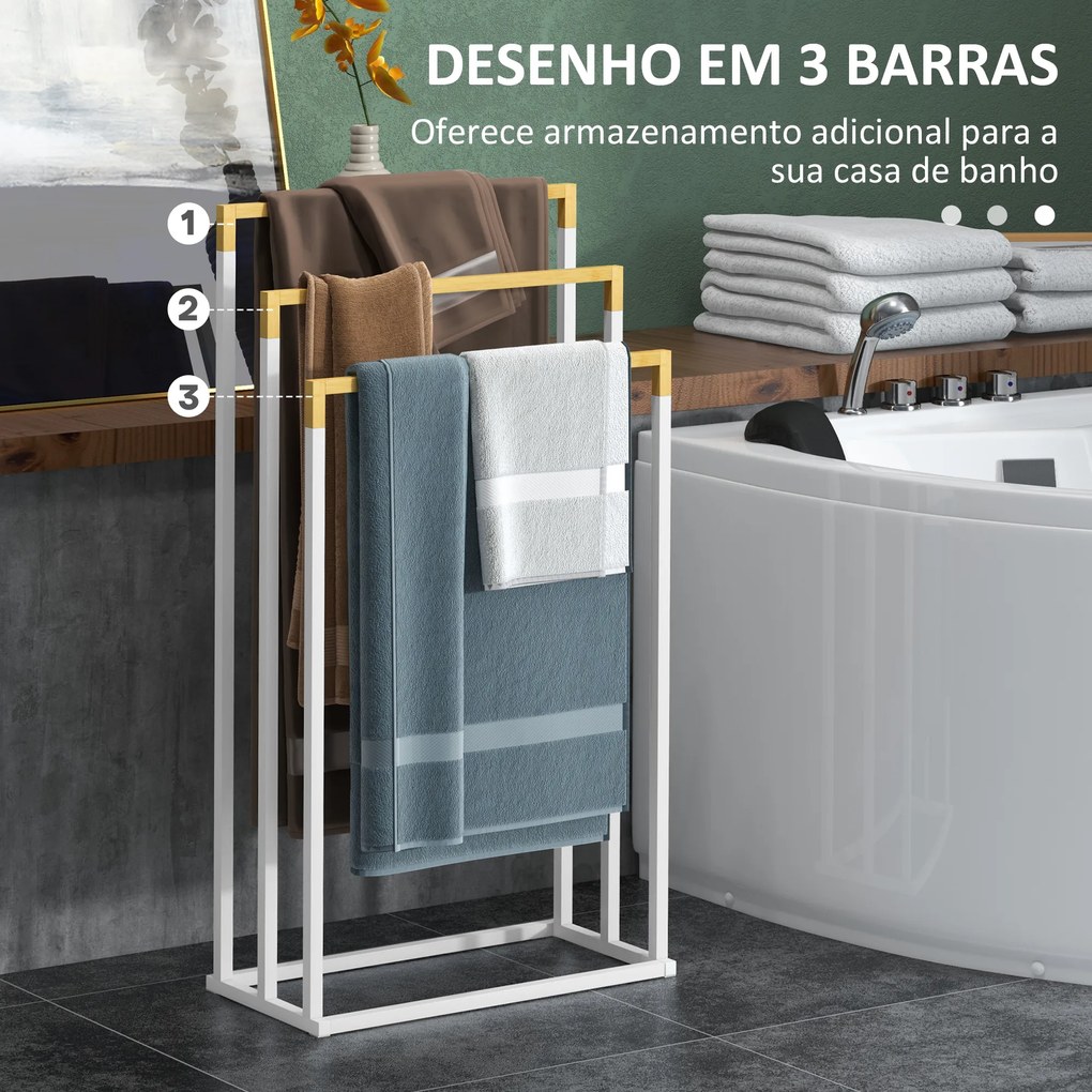 Toalheiro de Pé de 3 Níveis em Forma de Escada com 3 Barras de Bambu e Estrutura de Aço 45x22,5x86 cm Branco e Madeira