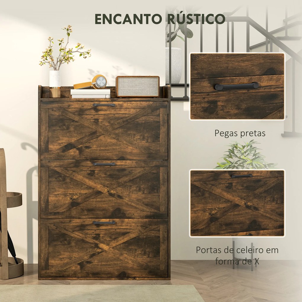 Sapateira de 3 Portas com Prateleiras Ajustáveis Estilo Industrial para 24 Pares de Sapatos 80x24x118 cm Castanho Rústico