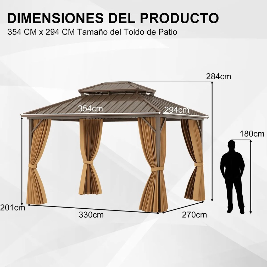 Pérgula jardim 354 x 294 cm com rede Mosquiteira Cortinas Telhado Metálico Duplo Galvanizado Estrutura de Alumínio Café