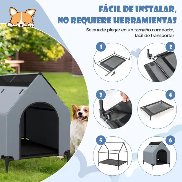 Casota de cães elevada de 91 cm para cães de raça pequena com janelas ventiladas Cobertura interior/exterior amovível Cinzento e Preto