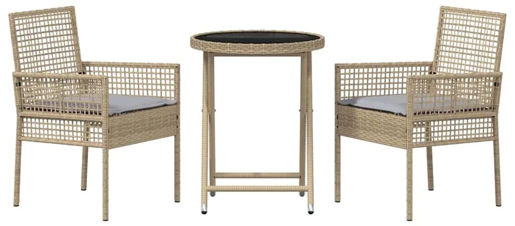 Conjunto de Bistro de Jardim com 3 Peças e Almofadas Bege em Rattan Si