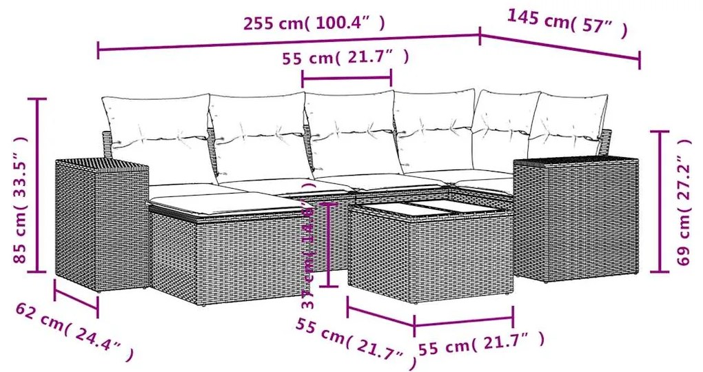 7 pcs conjunto de sofás p/ jardim com almofadões vime PE bege