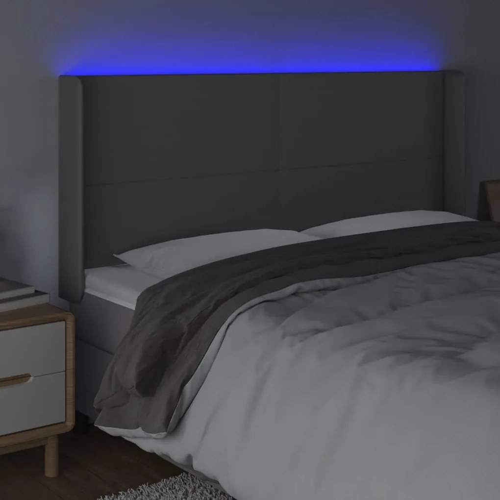 Cabeceira cama c/ LED couro artif. 163x16x118/128 cm cinzento