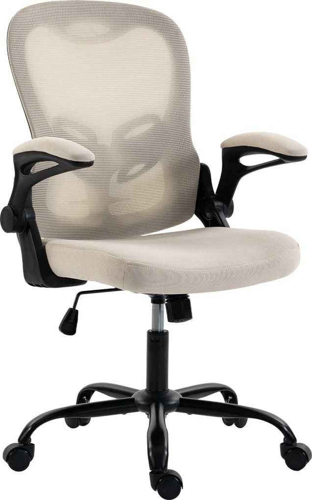 Cadeira de escritório ergonómica, cadeira de escritório em malha, braços rebatíveis, altura ajustável bege