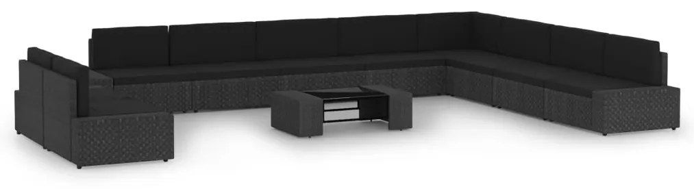 11 pcs conjunto lounge de jardim c/ almofadões vime PE preto