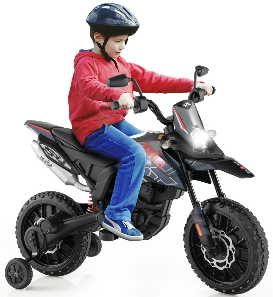 Motocicleta elétrica infantil 12V com rodas de apoio Aprilia, motocicleta elétrica licenciada, vermelha
