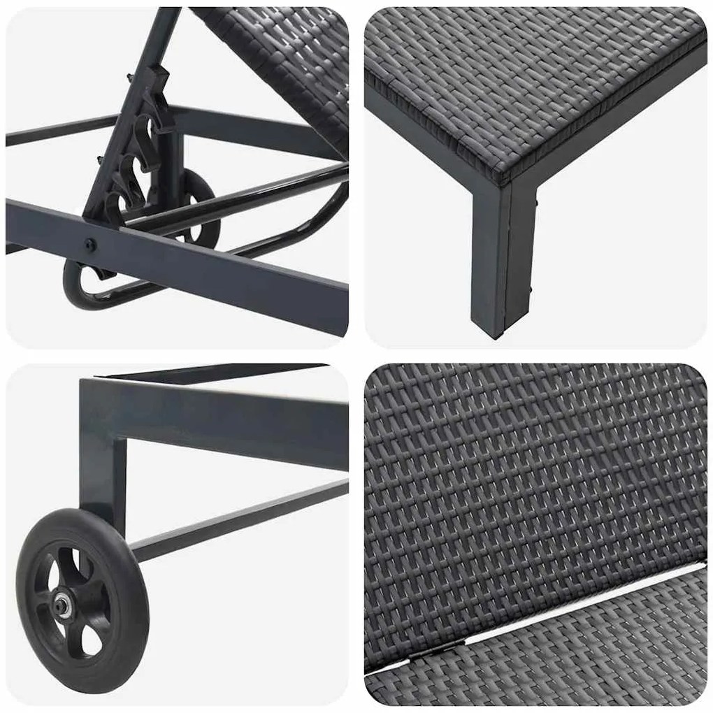 Espreguiçadeiras 2 pcs com Rodas e Mesa em Rattan Preto