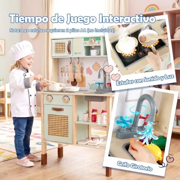 Cozinha de brincar em madeira 60 x 29 x 95 cm com luzes, sons, acessórios, forno, lava-loiça e cafeteira para crianças com mais de 3 anos, verde