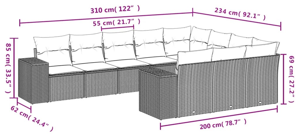 10 pcs conj. sofás jardim com almofadões vime PE castanho