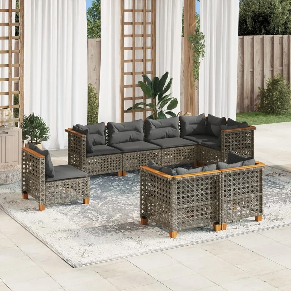 8 pcs conjunto sofás de jardim c/ almofadões vime PE cinzento