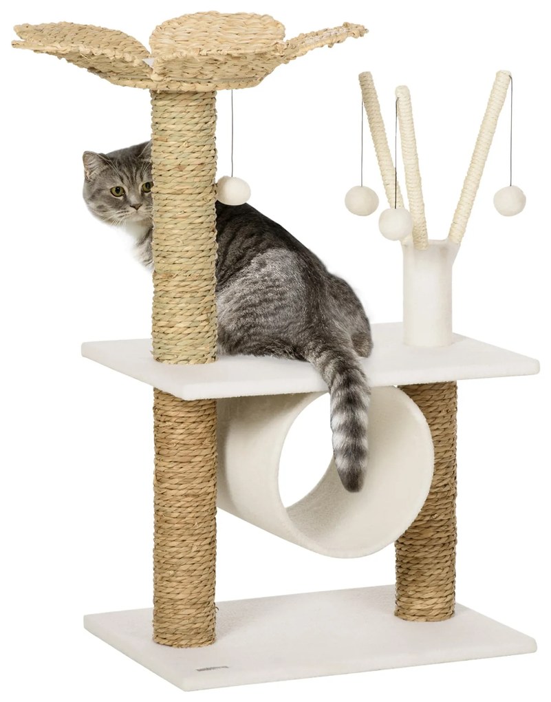 PawHut Árvore Arranhador Gatos Médios 91cm Torre Cama Flor Design Elegante 56x40x91cm Branco Bege