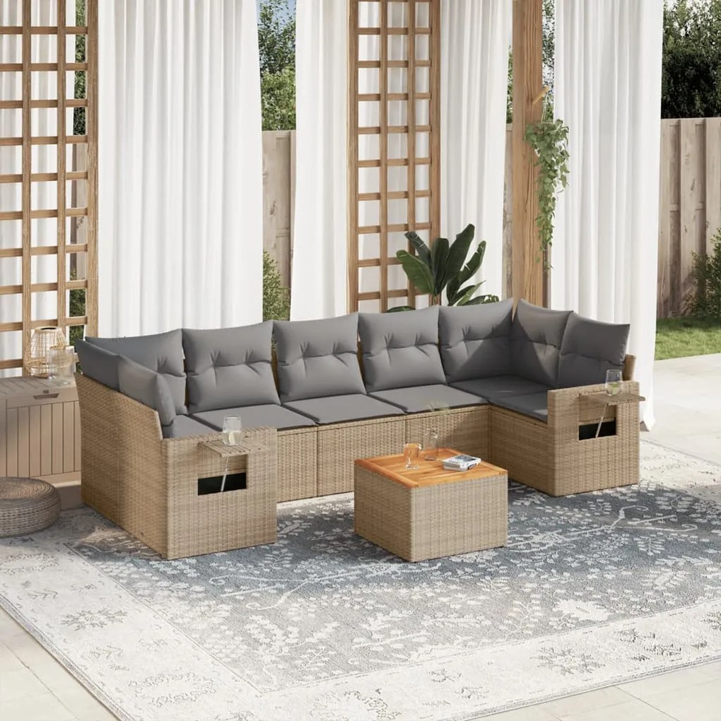 8 pcs conj. sofás jardim c/ almofadões vime PE bege misturado