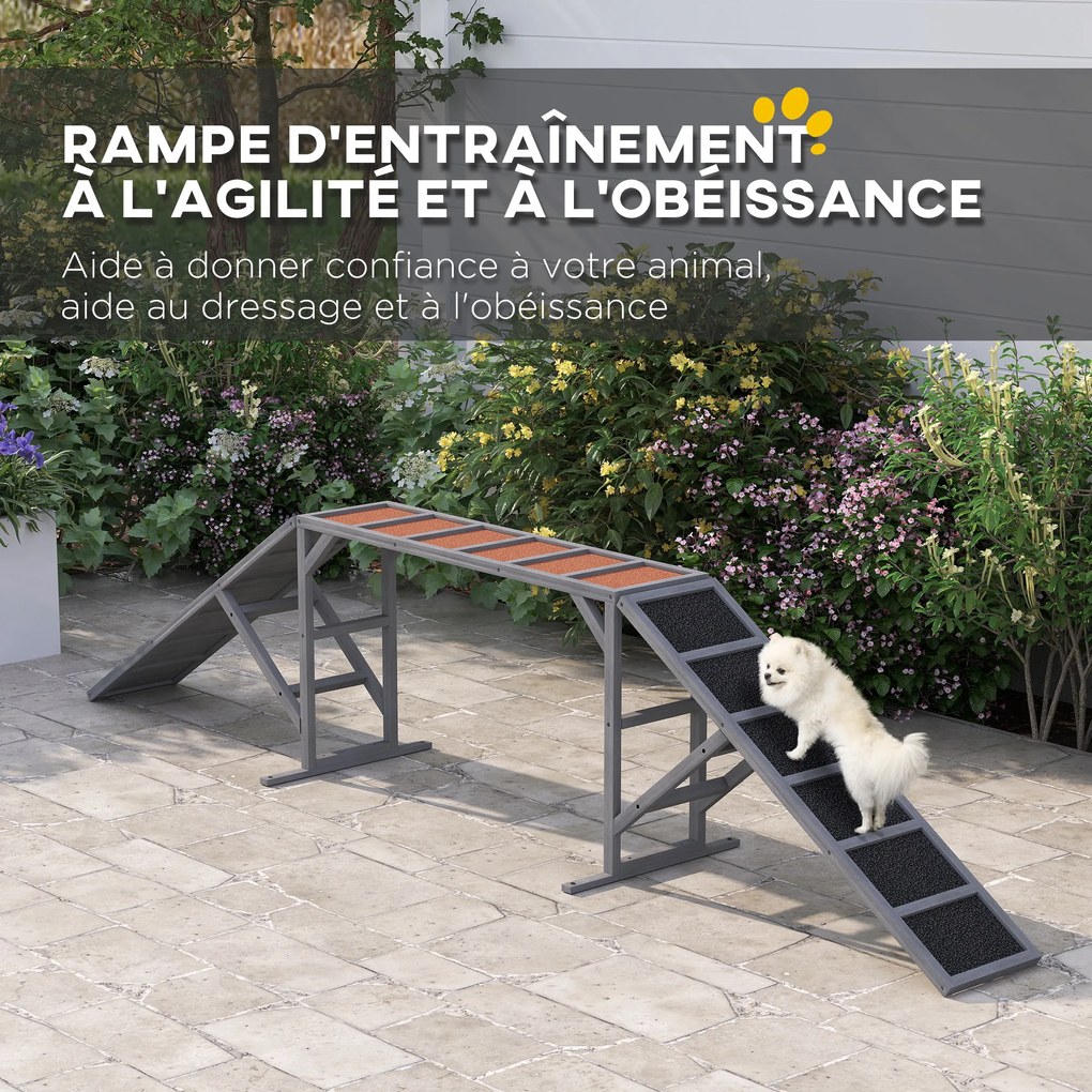 Rampa de agilidade para cães 335x55x60 cm, equipamento de agilidade para cães, barras de segurança com superfície antiderrapante cinzento