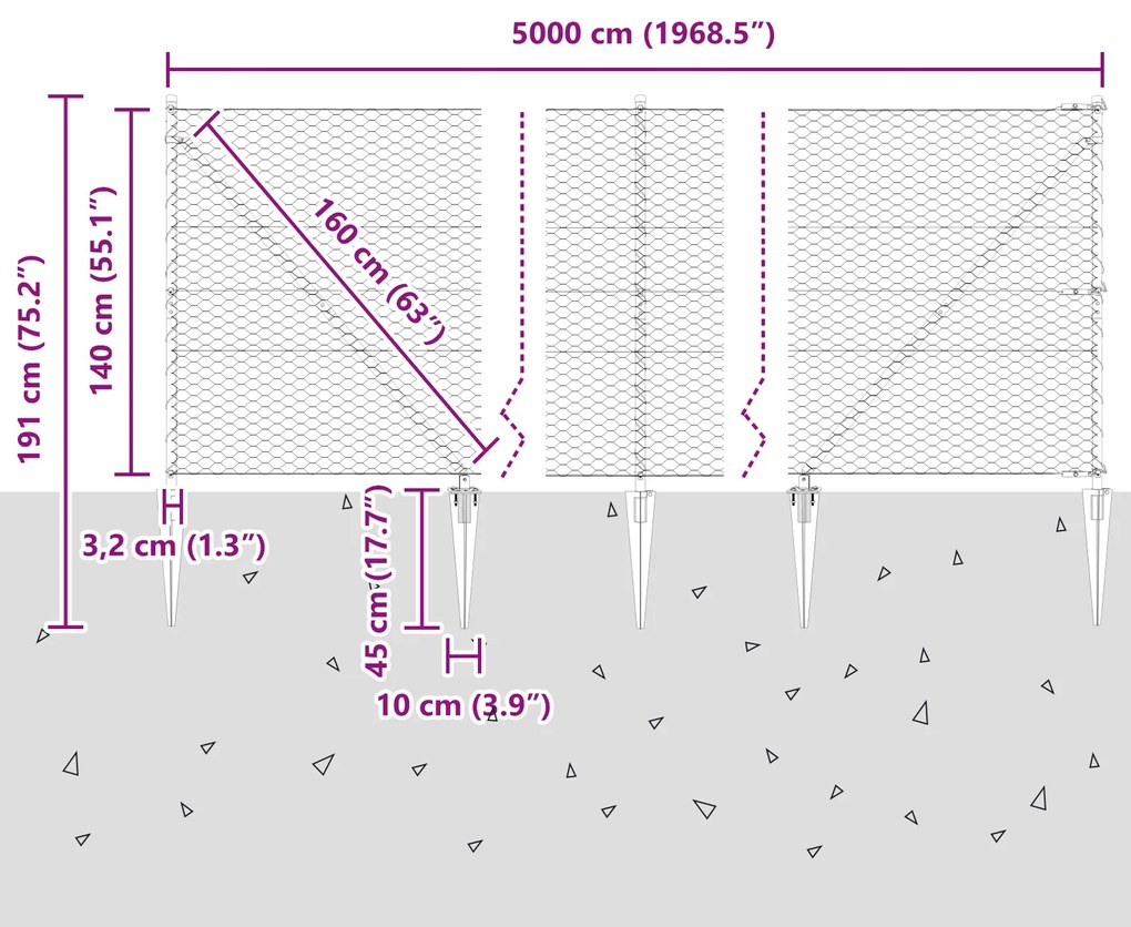Cerca Hexagonal vidaXL Cinza 1.4x50 m Aço