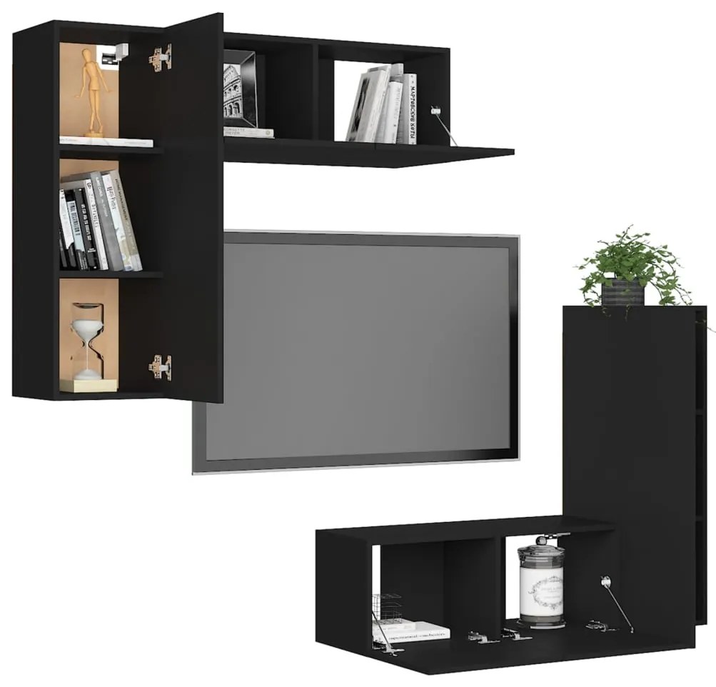 4 pcs conjunto de móveis de TV derivados de madeira preto