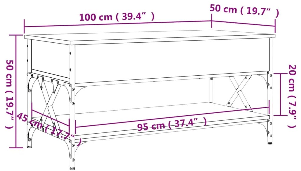 Mesa de centro 100x50x50 cm derivados de madeira/metal preto