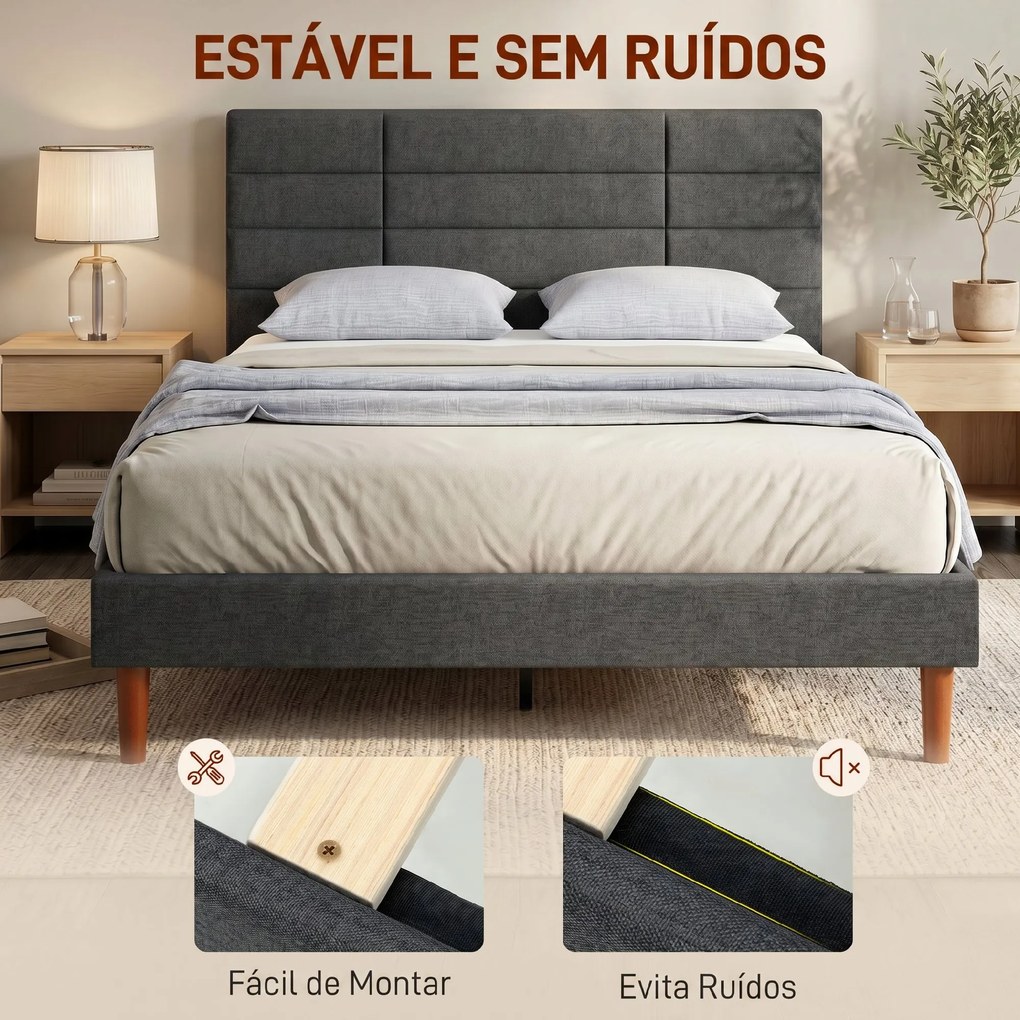 Cama Estofada 140x200 cm (COLCHÃO NÃO INCLUIDO) com Cabeceira Almofadada, Estrado de Ripas e Espaço Livre Inferior, Cinzento