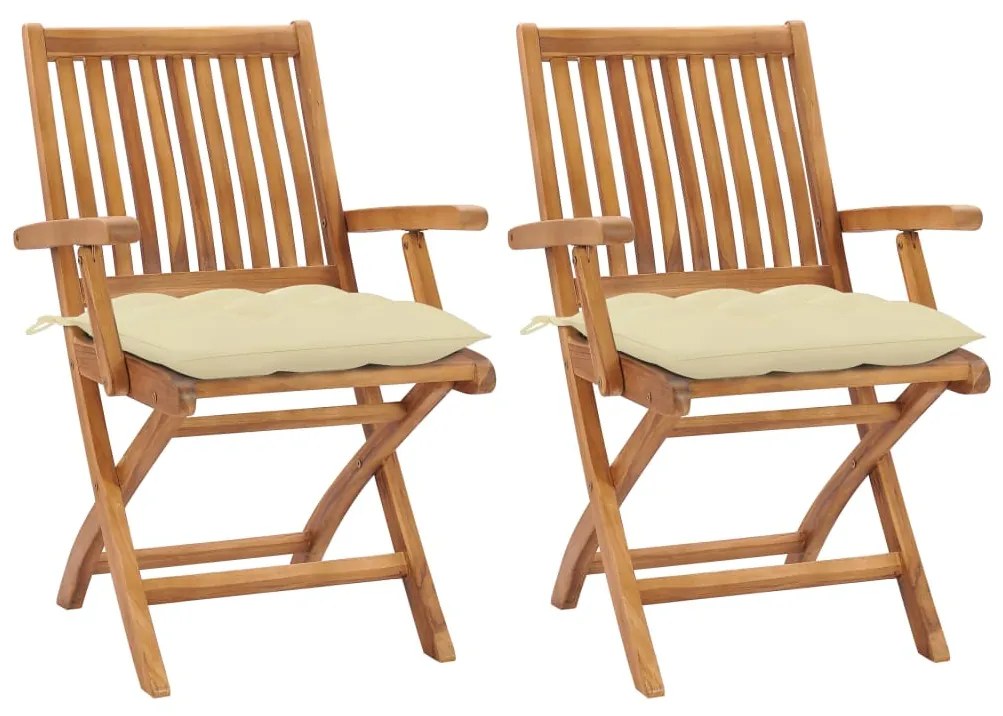 vidaXL Cadeiras de jardim c/ almofadões branco creme 2 pcs teca maciça