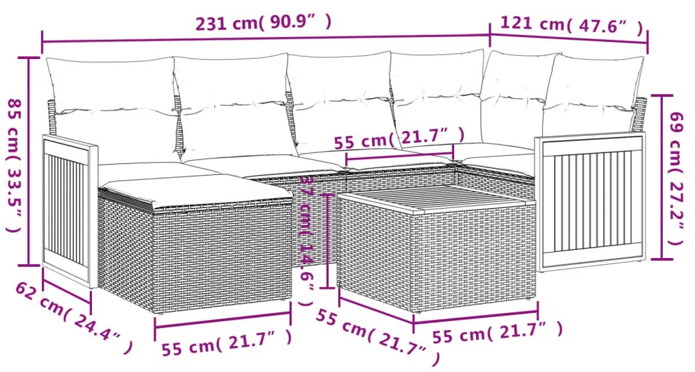 7 pcs conjunto de sofás p/ jardim com almofadões vime PE bege
