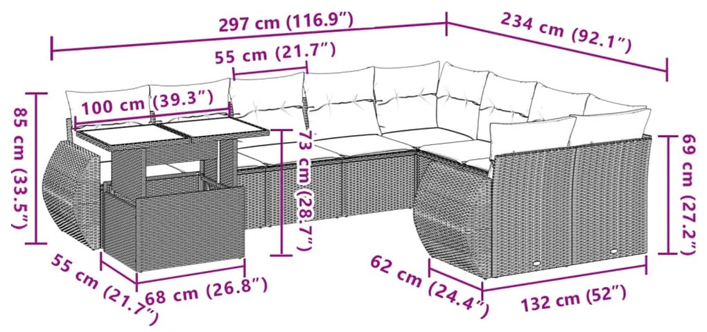 10 pcs conjunto sofás de jardim c/ almofadões vime PE preto