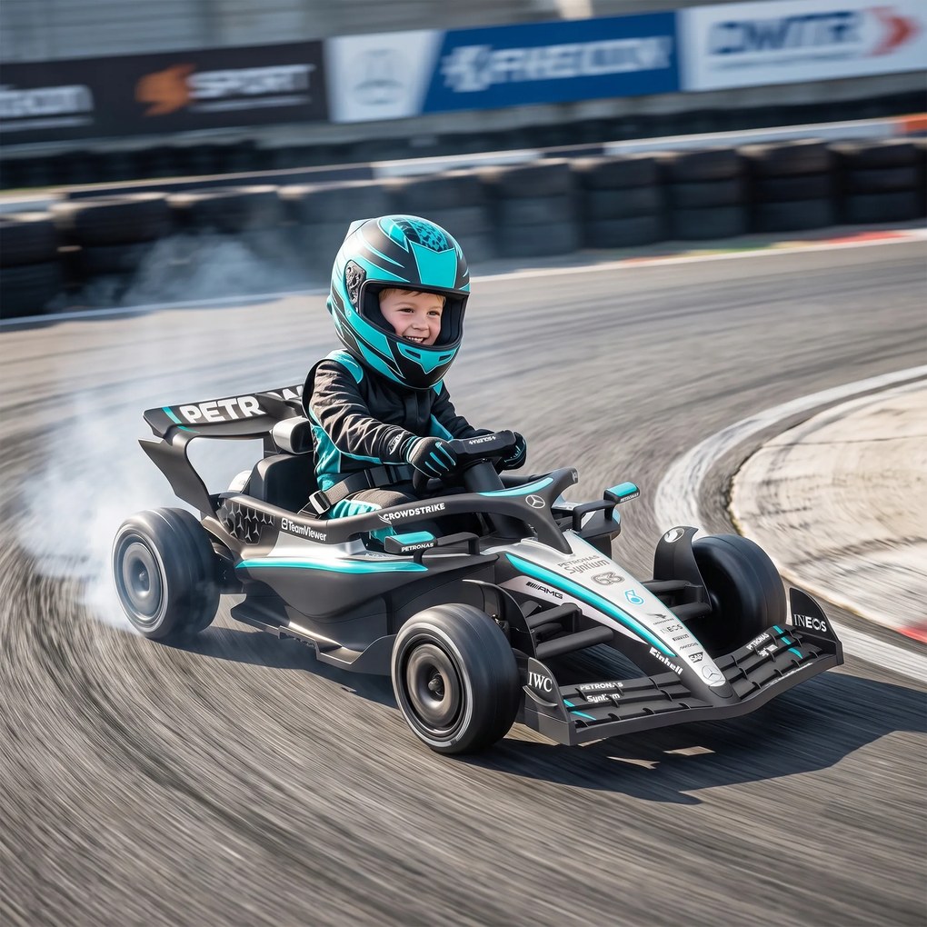 Kart elétrico para crianças de 12 V, Mercedes-AMG PETRONAS F1 com 2 motores, comando à distância, 3 velocidades, preto