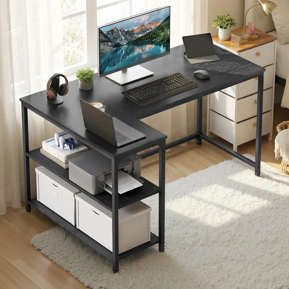Secretária com espaço de arrumação, em L 120 x 80 x 76 cm, prateleira ajustável em altura Preto