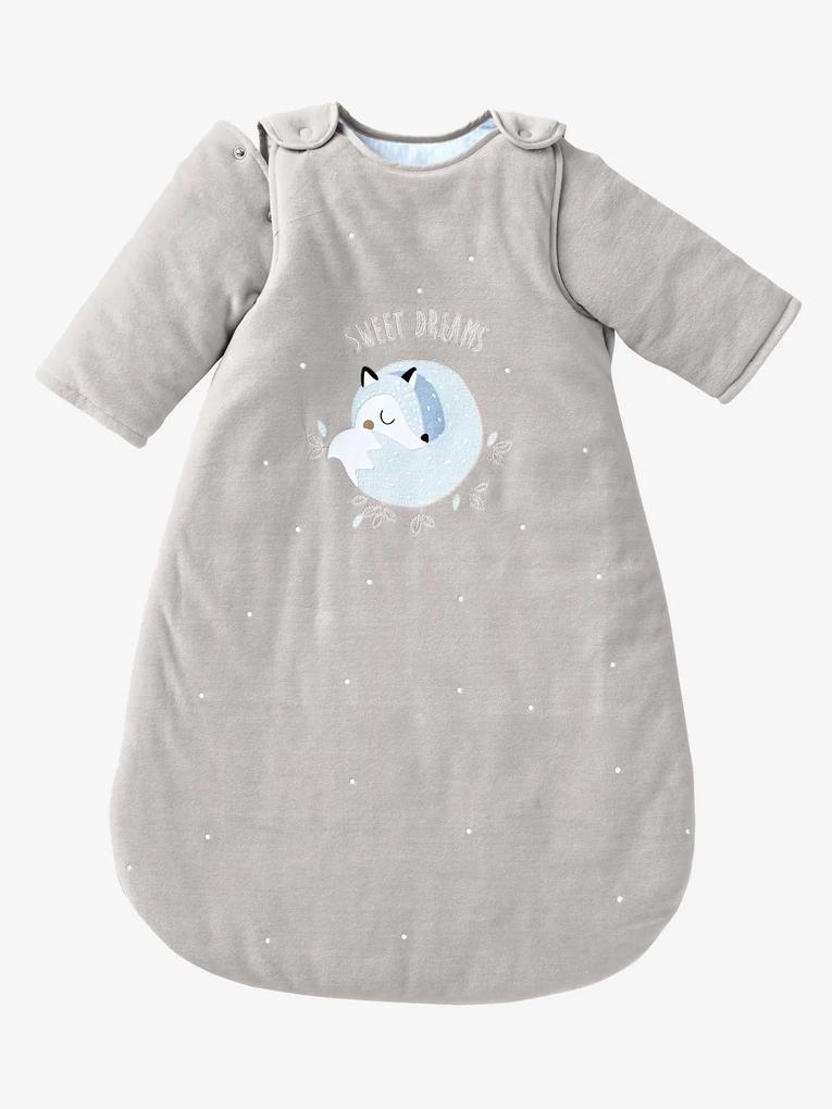 Saco de bebé com mangas amovíveis, em veludo, tema Lobo-do-ártico cinza-claro liso com decoração