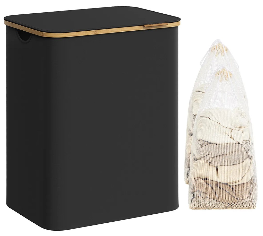 Cesto de roupa suja SONGMICS com tampa, cesto grande para roupa suja de 2 seções, 130 L, forro de malha removível, tecido Oxford, alças de bambu, dobrável, 52 x 38,5 x 70,5 cm, tinta preta LCB513B01