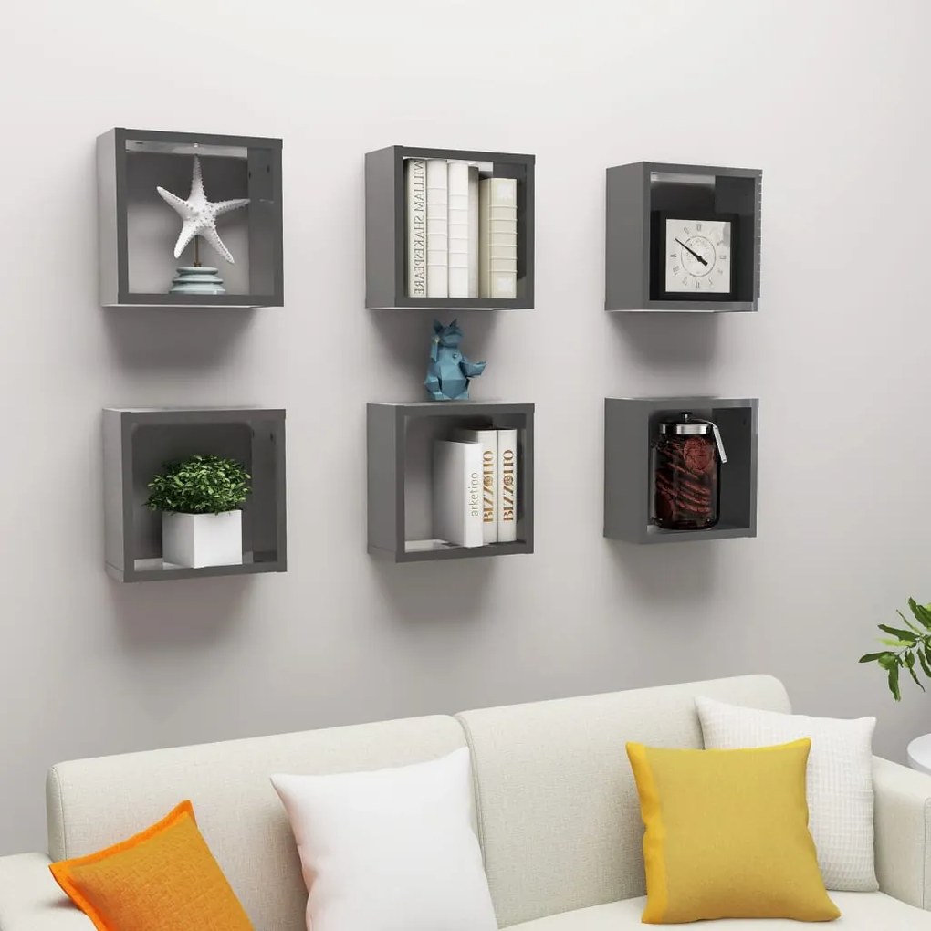 807024 vidaXL Prateleiras parede forma de cubo 6 pcs 30x15x30 cm cinza brilh.