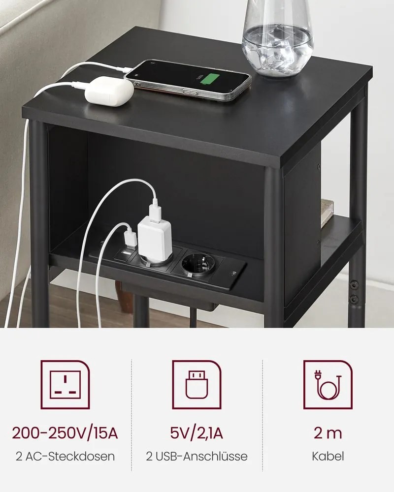 Mesa de apoio com uma tomada eléctrica e 2 portas USB 30 x 34 x 58 cm preta
