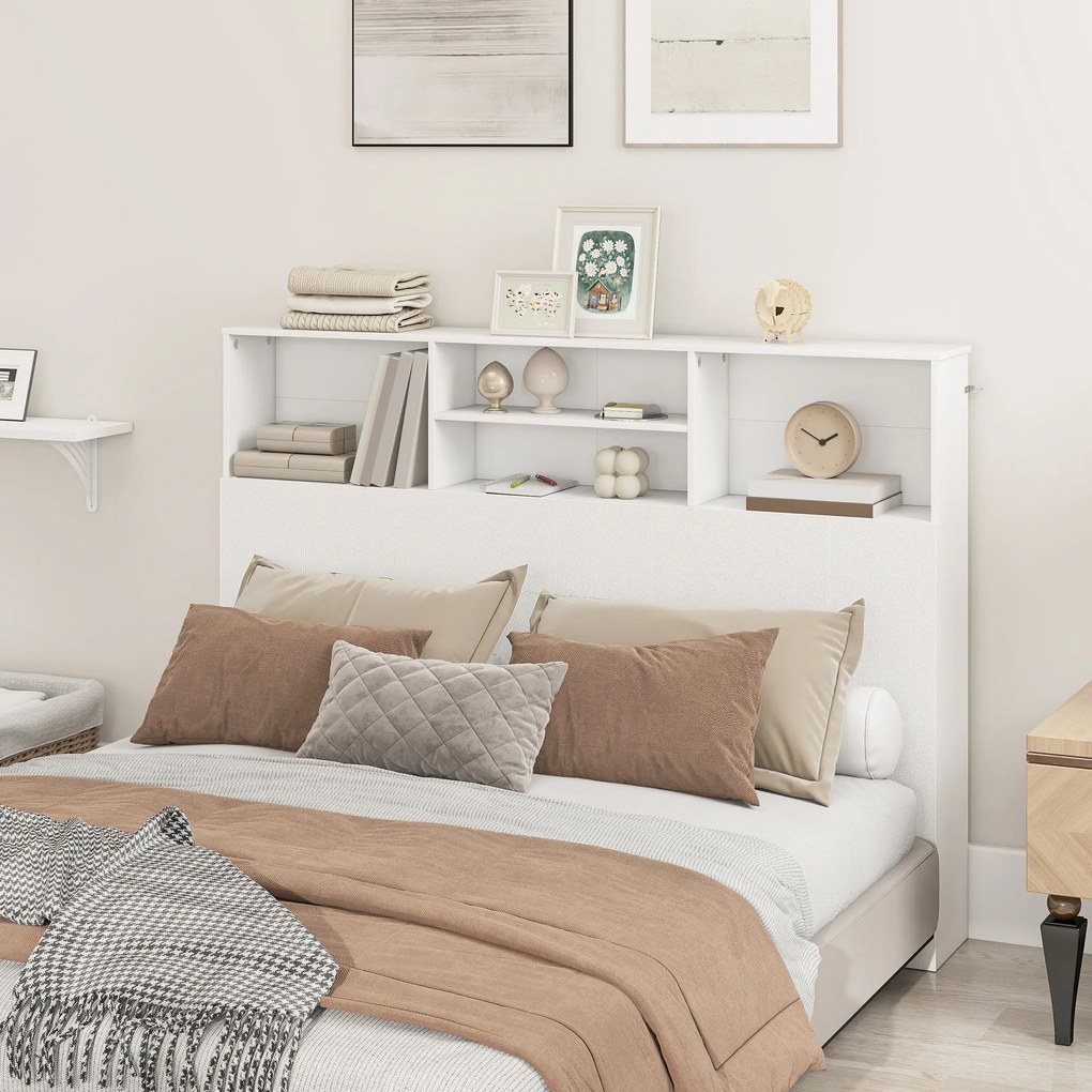 Cabeceira de cama 140 x 19 x 103,5 cm com pés e espaço de arrumação, acessório de cama com 4 compartimentos abertos, branca