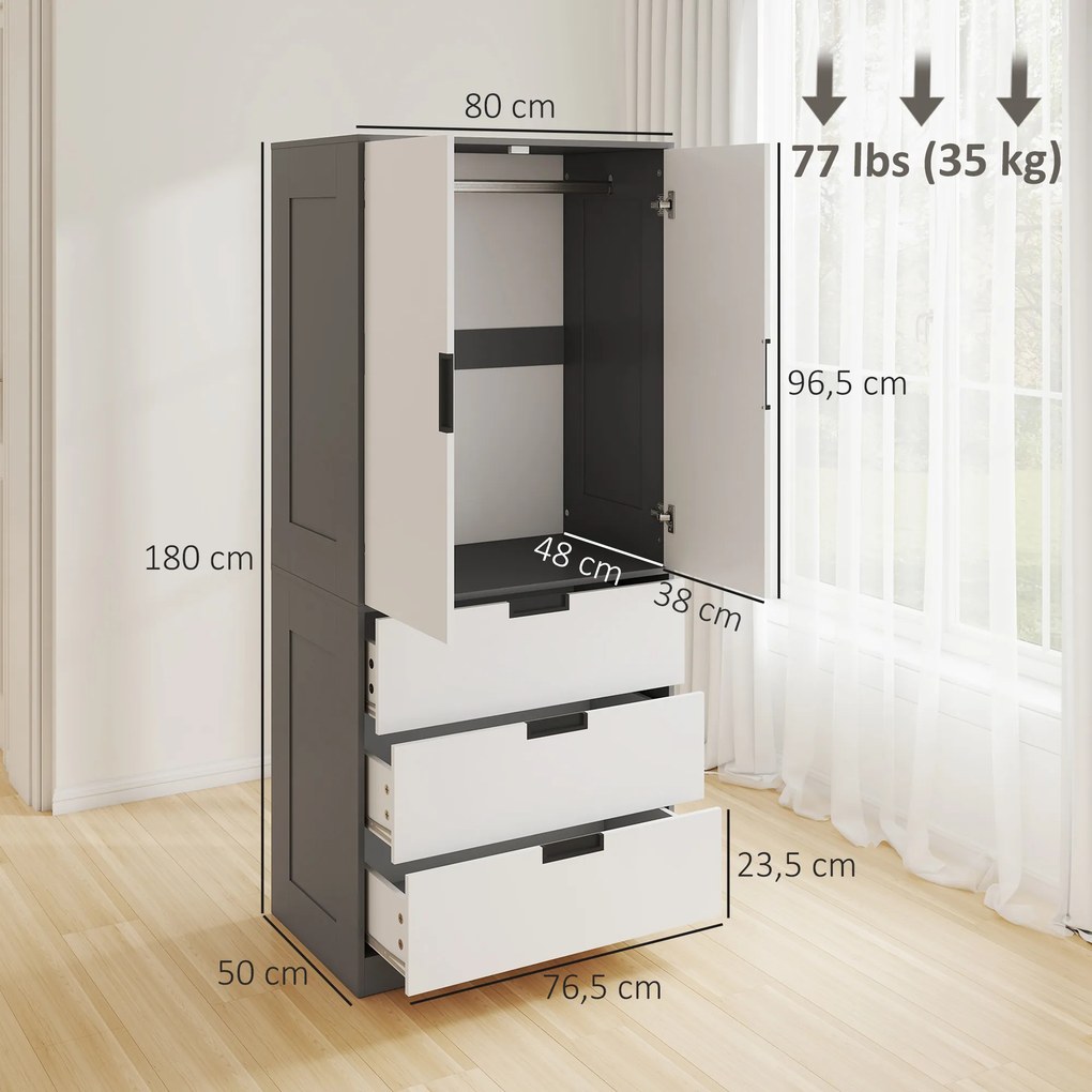Guarda roupa de quarto 80 x 50 x 180 cm com 2 portas com fecho suave, 3 gavetas e barra para pendurar roupa, , cinzento e branco