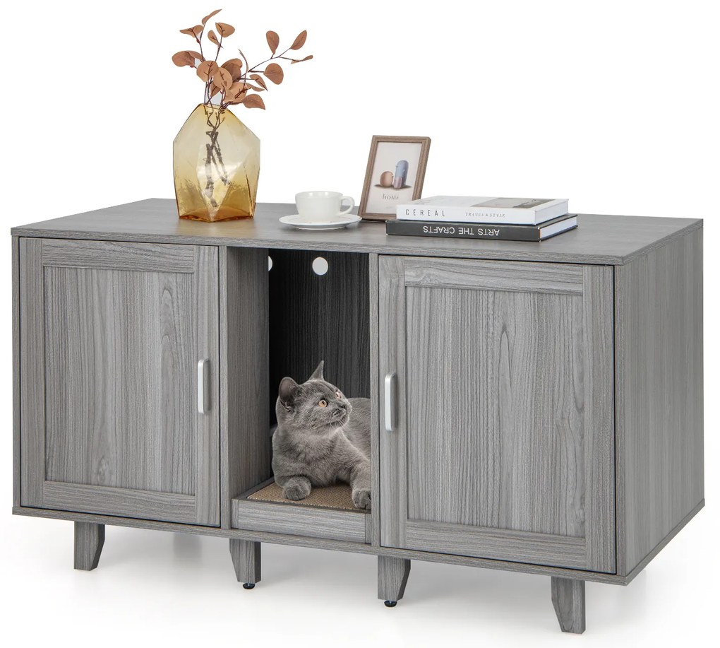 Suporte de TV com caixa de areia para gatos e arranhador para 2 gatos